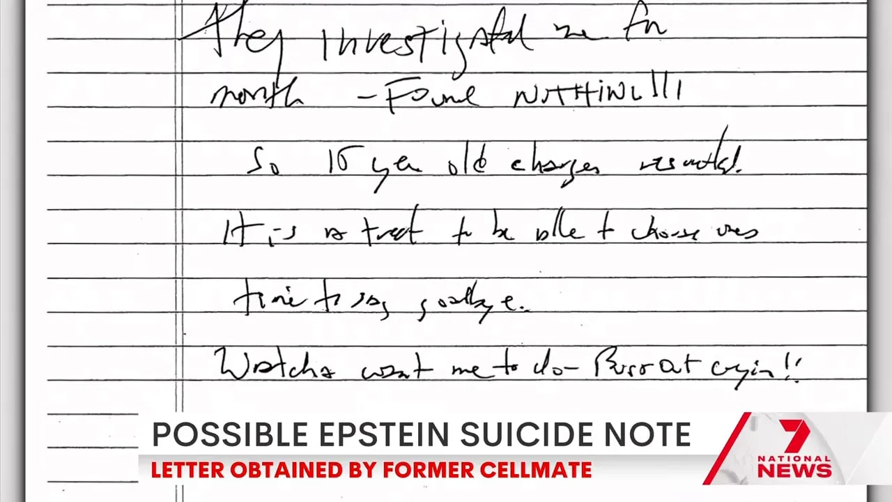 Close-up handwriting on lined paper labeled as a possible Epstein suicide note