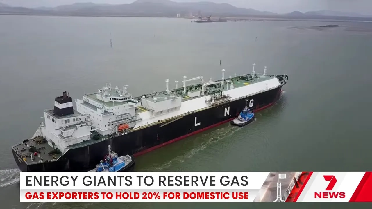 Gas carrier ship with on-screen headline about gas exporters reserving 20% for domestic use