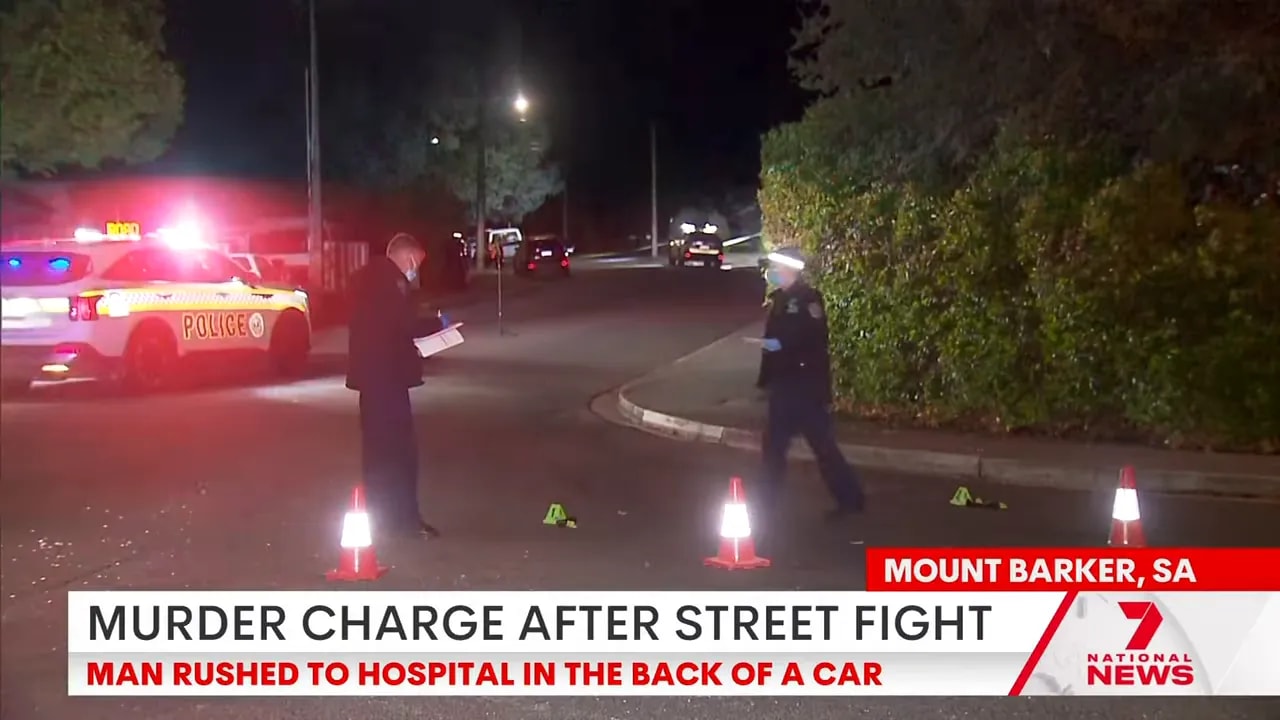Wide night shot of a suburban street with police, traffic cones and investigators documenting a crime scene.