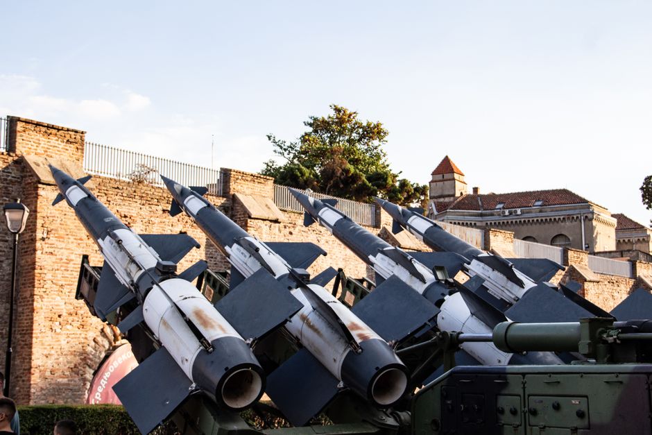 Series of missile launchers displayed at historic Belgrade Fortress in Serbia.