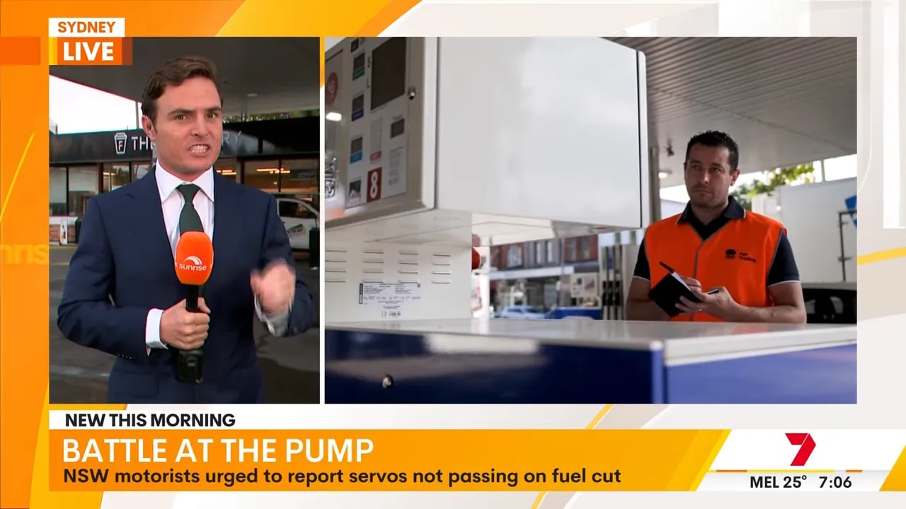 Split-screen showing a Sunrise reporter and an orange-vest Fair Trading staff member checking details at a petrol station