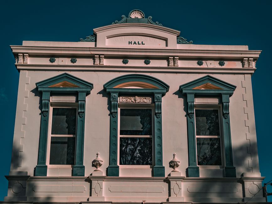 Front view of vintage Town Hall in York, WA, showcasing architectural features.